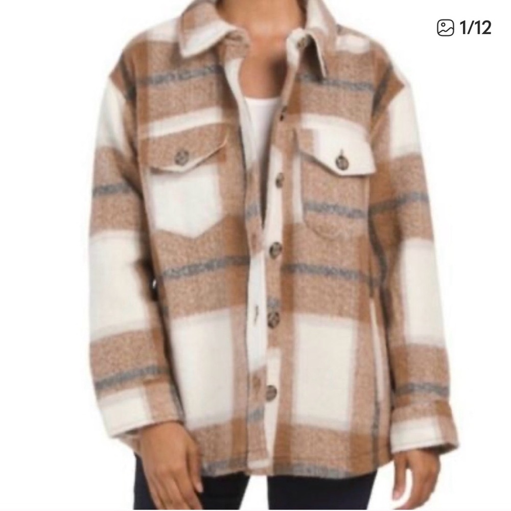 Avec Les Filles Plaid Shacket Women’s S Brown Cream Oversized Jacket